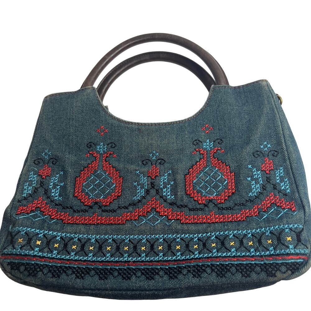 Relic Blue Jean Denim Style Snap on Closure Pineapple Cross Stitch Handbag Purse
